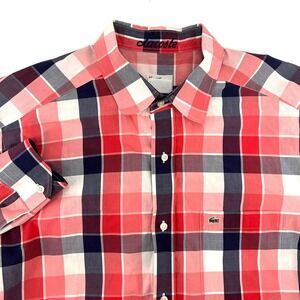 Lacoste Mens Slim Fit Plaid Button Down Shirt Red Navy White Size 42 Large